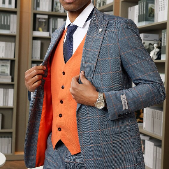 Grey/Orange Windowpane 3 Piece Stacy Adams Men's Suit - Picture 1 of 6